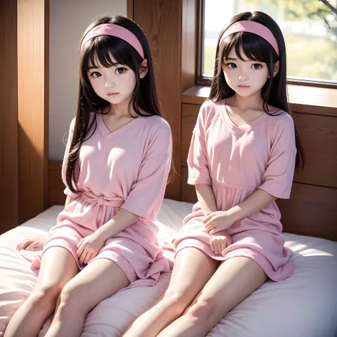 Best Quality, masutepiece, Ultra-detailed high resolution, 8K, Cute Japan teenage girl, Long Black Hair, Pink headband, petite and short body, Little girl looks like a 7-year-old, Baby face, Lori, Soft smile, lift clothes, Dress, a bed, Opening legs, Sunli...