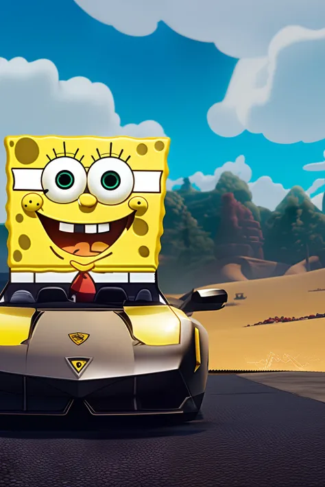 SpongeBob with a black hoodie on a black Lamborghini