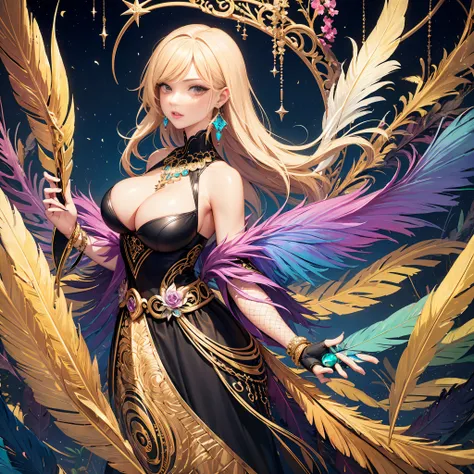 girl with, Big breasts, Bare shoulders, Blonde hair, colorful feather, metal ornaments, Colorful flowers, Particle, light, (masutepiece, of the highest quality, Best Quality, Official art, Beautiful and aesthetic:1.2), (1girl in:1.3), Extremely detailed, (...