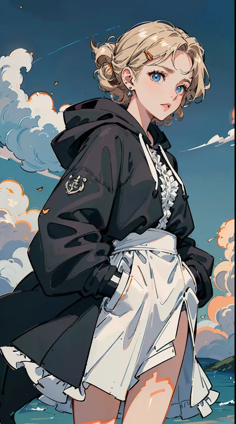 ((((frills,large black hoodie,))))((hands in pockets,))(Masterpiece illustration,Beautiful and aesthetic:1.2,head up to sky), Best quality,Top quality, Epic quality,((((nature,on a floating 冰川 ,outdoor,))))(blue moonlight,moon glare, god light, from below:...