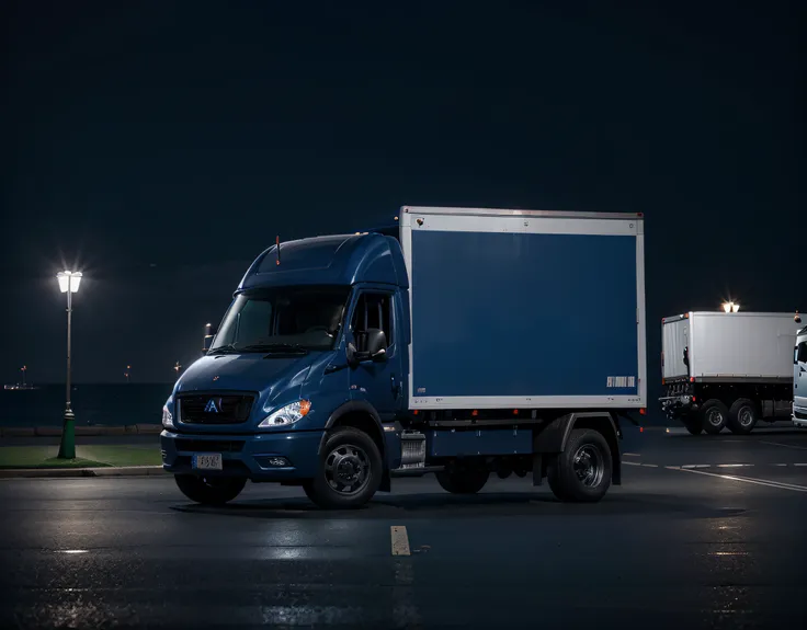 Create a 3D design of a delivery truck with the title "Free shipping to all of Brazil" with a dark blue background