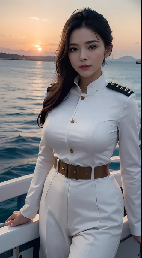 (8K,Photorealsitic, Raw photography, top-quality;1.4) , (1 mature female), Super beauty (Lifelike face) Woman in white uniform posing on warship, medium breast, Woman in military uniform military uniform pants, Beautiful expression, real looking skin, 超A h...