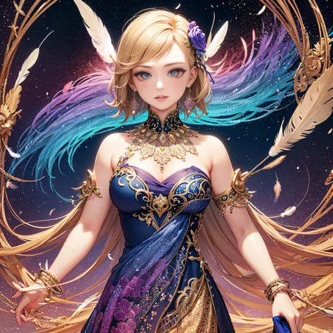 girl with, Big breasts, Bare shoulders, Blonde hair, colorful feather, metal ornaments, Colorful flowers, Particle, light, (masutepiece, of the highest quality, Best Quality, Official art, Beautiful and aesthetic:1.2), (1girl in:1.3), Extremely detailed, (...