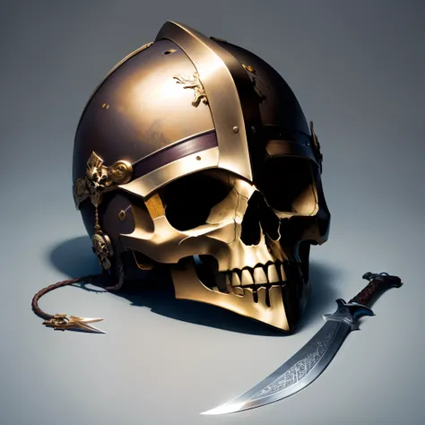 Roman helmet with skull in it and sword put through it