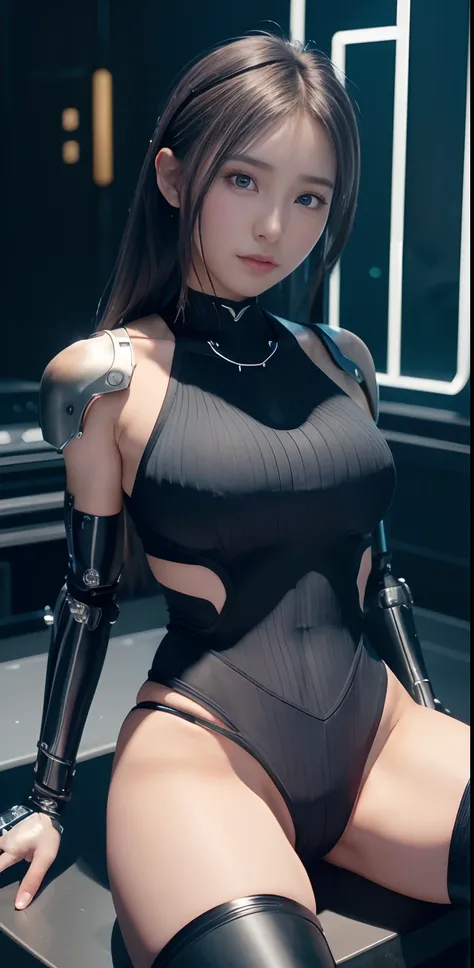 ​masterpiece、((Volleyball Uniforms))、 ((Wearing dark blue briefs)), ((a beauty girl:1.4))、Metal Chest Protector、((Metal bikini))、Mechanized body、Mechanized chest and abdomen、Mechanized occipital、Mechanized legs、Mechanical joints、Black metallic suit tight t...