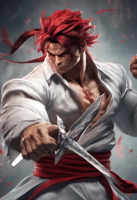 realistic 3d rendering of Shanks brandishing a sword, big muscular, full body photography, hyperrealistic