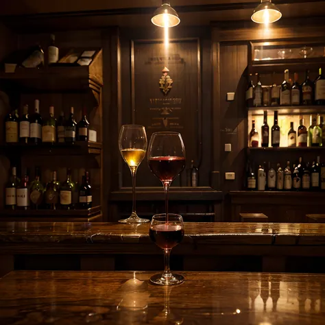 A glass of wine tipped over the counter of an English pub-style bar, with red wine poured over the counter. Ambiente com luz alaranjada de final de tarde.