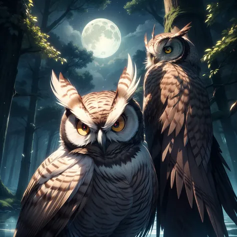 (Best quality,Ultra-detailed,Masterpiece:1.2),Detailed eyes,detailed feathered,Detailed fur,(owl:1.3),Night,Moonlight,sharp talons,sharp beak,Dark silhouette,mysterious,Huge wings,hidden in the shadows,beautiful feathers,Staring with wide eyes,wise express...