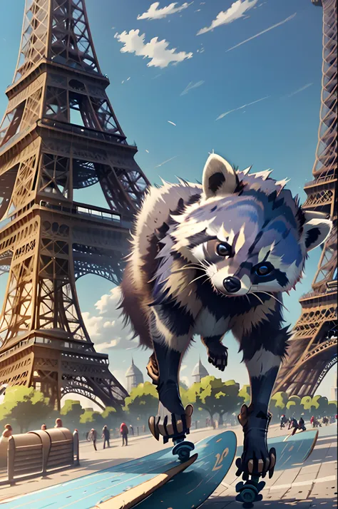 raccoon skateboarding down the eiffel tower