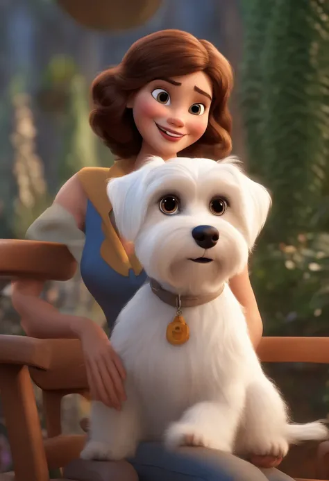 Pixar style image with 3D character white glasses brunette woman short straight hair with small white Maltese breed dog on lap, ao lado de outro personagem 3D, homem branco cabelo curto com cavanhaque e bigode, Maquiagem Disney,Pescador, bonitinho, sorride...