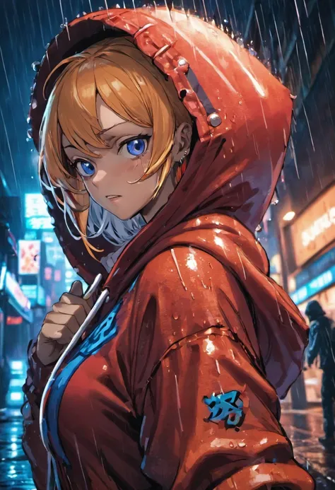 Closeup photograph, confident young cyberpunk nami one piece, wearing a hoodie with red and blue designs on it, in a rain soaked street at night, photorealistic, cinematic lighting