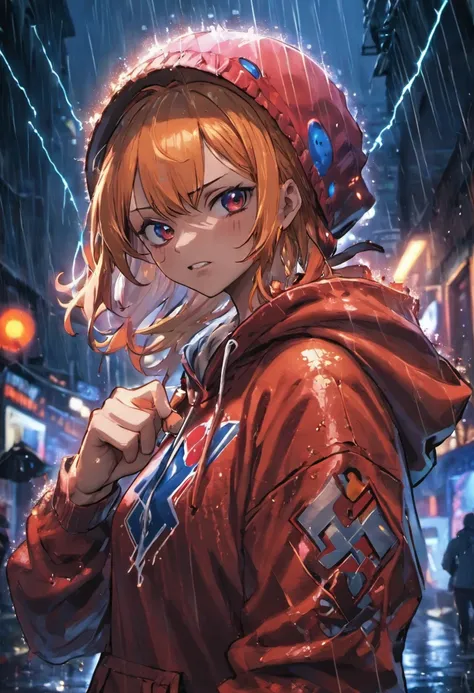 Closeup photograph, confident young cyberpunk nami one piece, wearing a hoodie with red and blue designs on it, in a rain soaked street at night, photorealistic, cinematic lighting