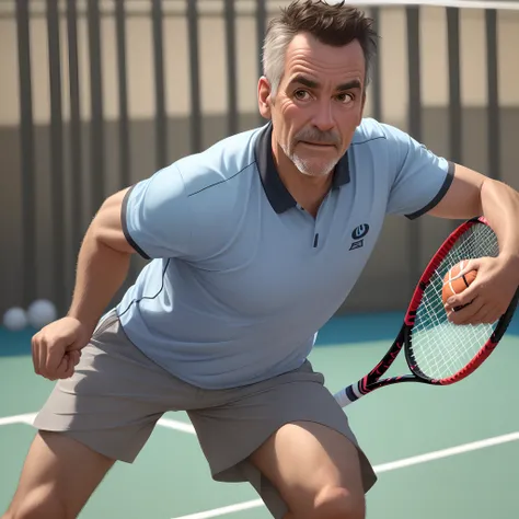 Seguindo o estilo Disney Pixar, Create an image of a 50-year-old man on a tennis court with a racket in his hand, olhos castanhos claros, olhar confiante cabelo levemente grisalho, alto, corpo forte.