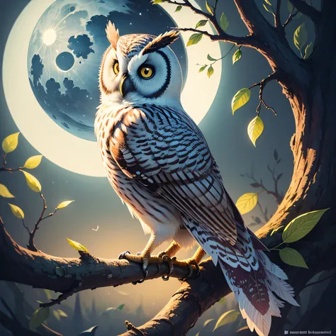 (((masterpiece))), bestquality, illustration, beautifuldetailedglow, paper_cut, owl, tree, moon,