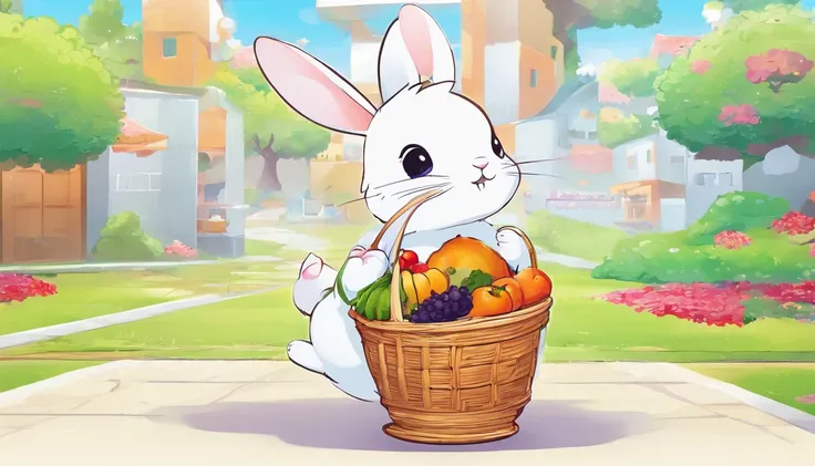 Little rabbit delivering food，white fluff，large ear，The basket was filled with fruits and vegetables，anthropomorphic turtle，white backgrounid，Cute cartoon，Logo design