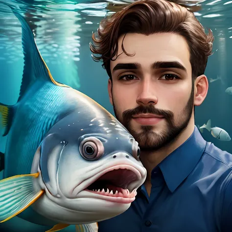 Homem de barba ao lado de um peixe beta azul