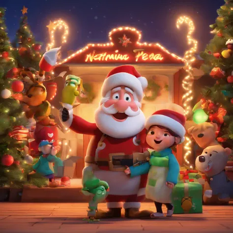 Crie um cartaz inspirado na Disney Pixar com o personagem sendo vestido de papai Noel, Um homem de cabelos brancos, sorridente, olhos castanhos, olhos que fecham  um pouco ao sorrir, um pouco barrigudo, the scene will be in Pixars distinctive digital art s...