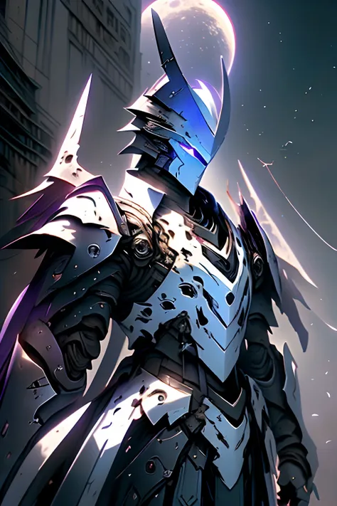 Enorme palacio imperial chino，Cuadrado ancho，la noche，La Luna、De pie, A handsome man in purple armor，Dark purple armor，Dragon Helmet，Espada negra en mano，Espada Negra