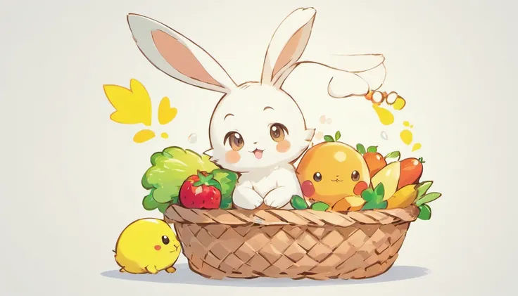 Little rabbit delivering food，white fluff，large ear，The basket was filled with fruits and vegetables，anthropomorphic turtle，white backgrounid，Cute cartoon，Logo design