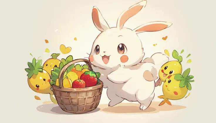 Little rabbit delivering food，white fluff，large ear，The basket was filled with fruits and vegetables，anthropomorphic turtle，white backgrounid，Cute cartoon，Logo design