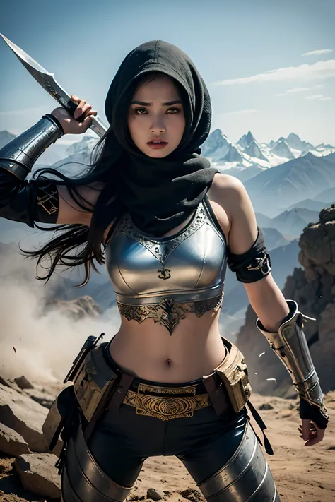 model shoot, (1 girl), Islamic warrior, hyper realistic, super detailed, Dynamic shot, masterpiece, scene sharp details, perfect eyes, perfect skin, perfect hands, fierce looking, mountains, battle field, angry