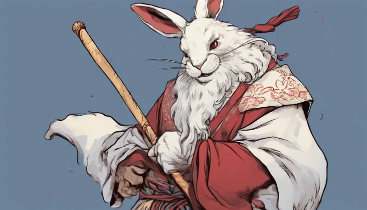 White Rabbit beastman in kimono, samurai, in a fighting stance, in a street, to stand, katana in hand