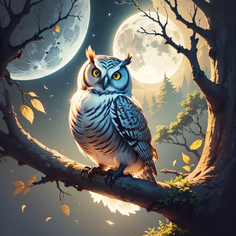 (((masterpiece))), bestquality, illustration, beautifuldetailedglow, paper_cut, owl, tree, moon,