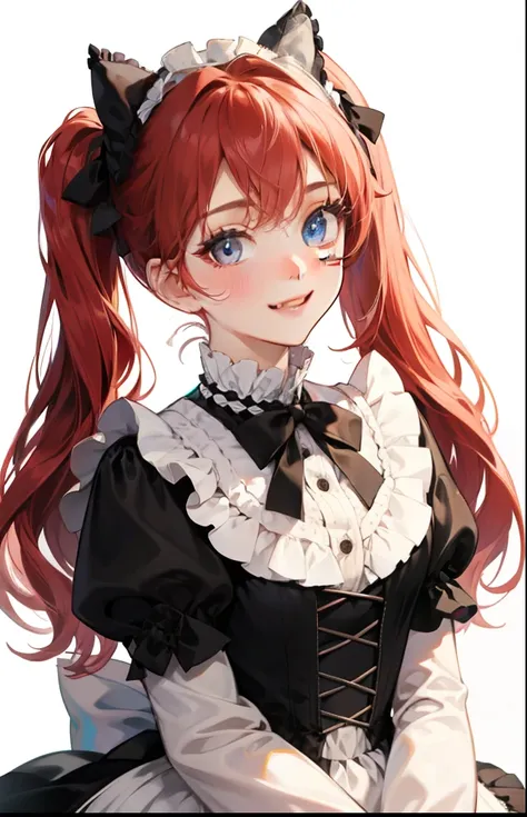 girl with、Background white、without background、Red hair、Twin-tailed、Two knots、with blush cheeks、White and black Lolita fashion、frilld、bow ribbon、Smiling、kawaii、without background