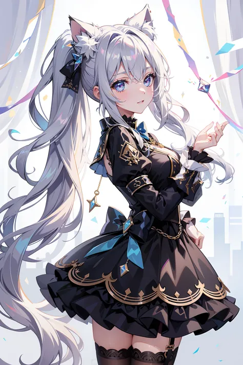 Teenage girl with cat ears，cheerfulness，(Enchanted:0.2)，best qualtiy，tmasterpiece，Ultimate Resolution，downy，Colorful，Complete body，Double ponytail gray hair，Eyes Like Gems，Lolita dress dominated by black，(exquisite costumes)，Idol clothes， white stockings，l...