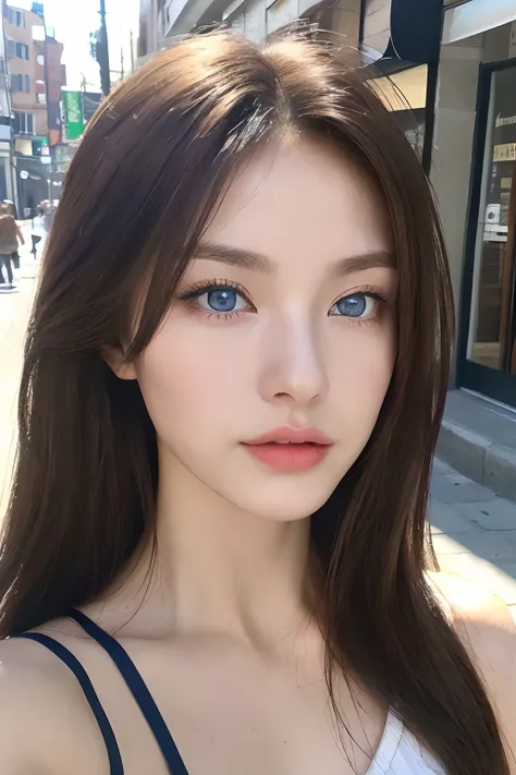 (Italian woman、Perfect Style Beauty:1.4、Slender Abs:1.2、((Dark brown hair、Blue eyes、爆乳:1.2))、(Natural Soft Light、City Street:1.1)、Face and skin texture、Eyes with high detail、二重まぶた