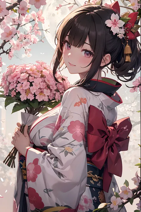 ((masterpiece1.5)),hyper quality, Hyper Detailed,Perfect drawing,1girl in,((Bigger breasts)),kawaii ,With smiling eyes,(((Beautiful kimono))),(((Luxury kimono)))、(Beautiful embroidery)3D,16K illustrations,((clearface)),Hi-Res,nice background、(((beatiful ba...