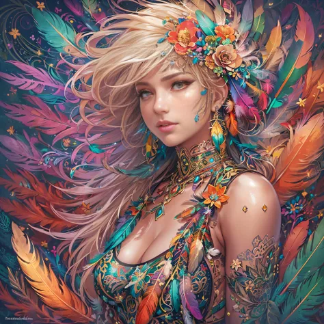 girl with, Big breasts, Bare shoulders, Blonde hair, colorful feather, metal ornaments, Colorful flowers, Particle, light, (masutepiece, of the highest quality, Best Quality, Official art, Beautiful and aesthetic:1.2), (1girl in:1.3), Extremely detailed, (...