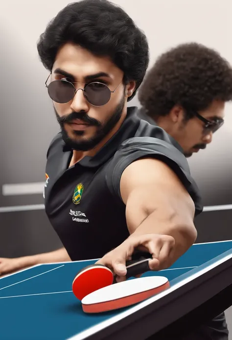 Jovem homem, de pele parda, barba longa, e cabelo preto, Round and black glasses, Playing table tennis for the Brazilian national team, em um campeonato mundial de Ping Pong pela wtt