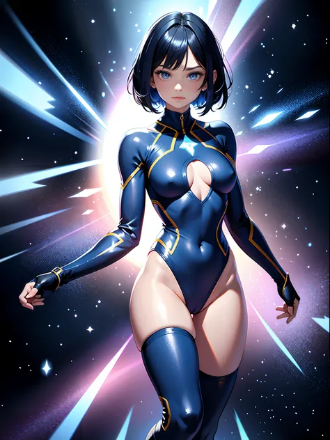 1girl, superhero, leotard, bare legs, boots, matching boots, dark blue hair, dark blue eyes, star symbol on chest, bob hair, medium breasts, light particles, aura, blue aura, stand, standing, space backdrop, magic, arms raised in the air, beautiful detaile...