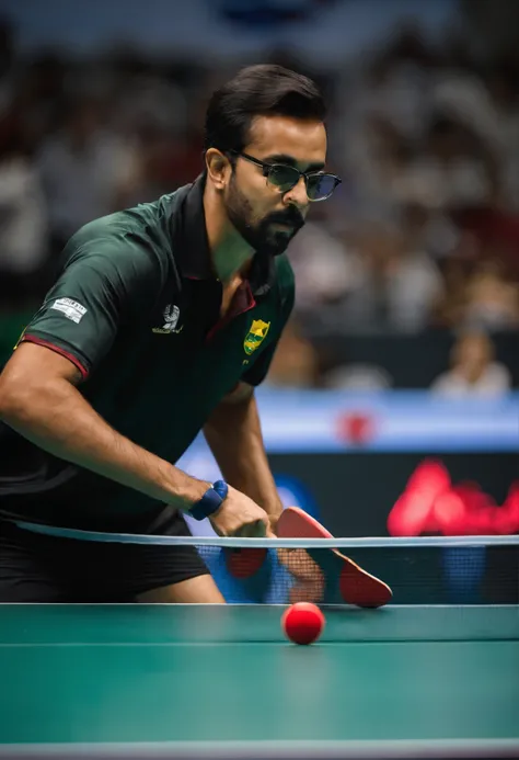 Jovem homem, de pele parda, barba longa, e cabelo preto, Round and black glasses, Playing table tennis for the Brazilian national team, em um campeonato mundial de Ping Pong pela wtt