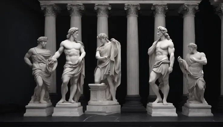 Best quality, High Resolutions: 1.2), realistic: 1.37), impressive), three stoic white marble Greek statues Hercules style, with 8K cinematic dark background, ultra realistic.