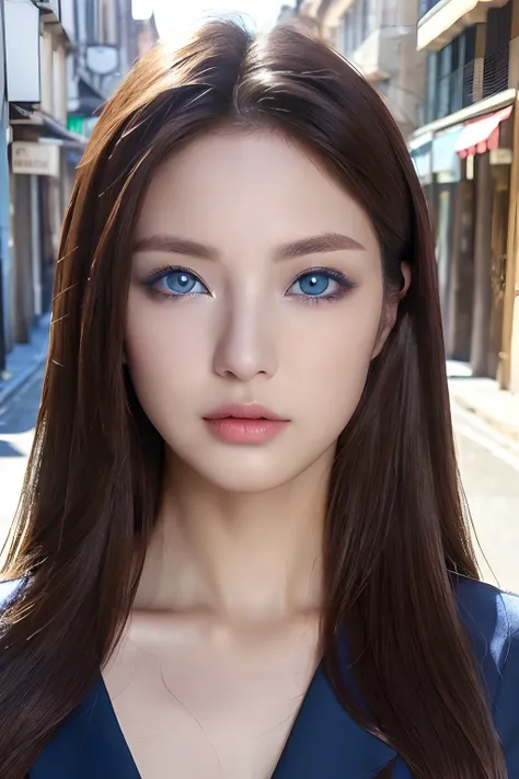 (Italian woman、Perfect Style Beauty:1.4、Slender abs:1.2、((Dark brown hair、Blue Eye、爆乳:1.2))、(Natural Soft Light、City Street:1.1)、Face and skin texture、Eye for detail、二重まぶた