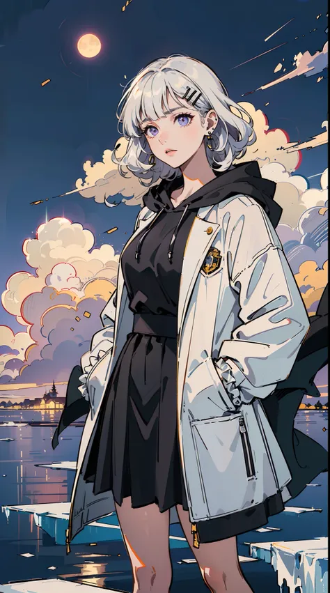 ((((frills,large black hoodie,))))((hands in pockets,))(Masterpiece illustration,Beautiful and aesthetic:1.2,head up,aim to sky), Best quality,Top quality, Epic quality,((((nature,on a floating ice  ,outdoor,cloudy,))))(beautiful purple sunset,moonlight,mo...