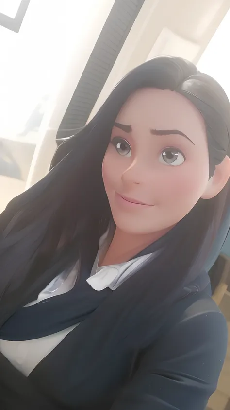 (best quality,4k,HDR),Estilo Pixar,Jovem de 26 anos,Retrato natural,deslumbrantes olhos preto,pele clara,cabelos pretos lisos,Businesswoman,terno preto formal,beautiful face, scarf around the neck,batom na boca bem desenhado ,olhar sensual