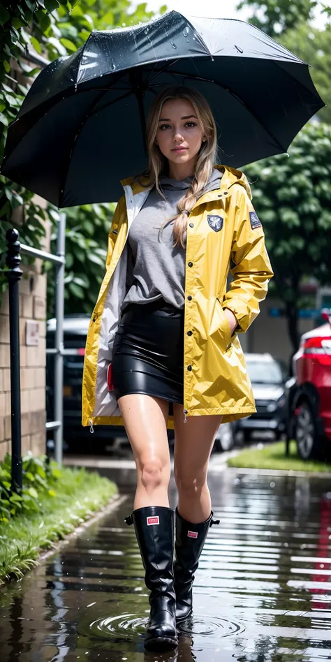 brekie hill, blond hair, i. outfit: a practical and stylish wet weather ensemble for a female office worker. a sleek raincoat wi...