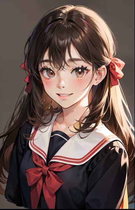 girl with、Background white、without background、A dark-haired、The long-haired、with blush cheeks、Embarrassing、student clothes、brown school uniform、frilld、bow ribbon、Smiling、kawaii、Background with