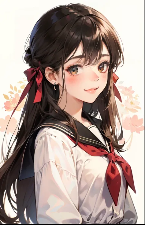 girl with、Background white、without background、A dark-haired、The long-haired、with blush cheeks、Embarrassing、student clothes、brown school uniform、frilld、bow ribbon、Smiling、kawaii、Background with