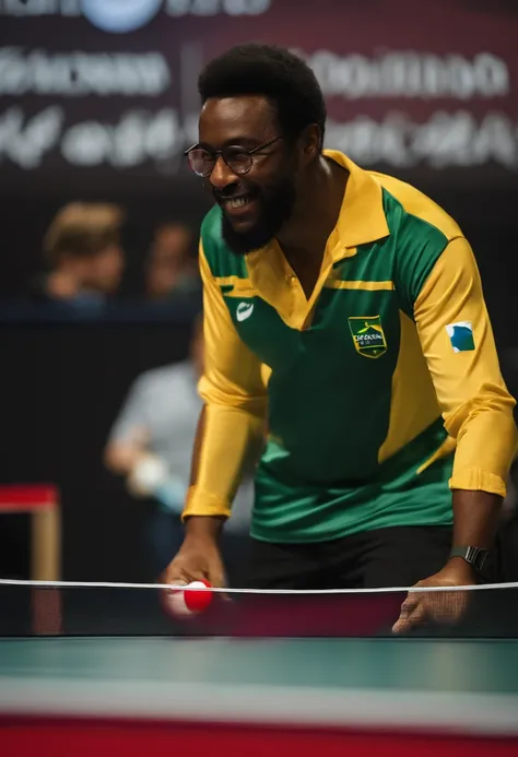 Jovem de 20 anos, pele parda, cabelo e barba escuros, with round black glasses, Happy and playing table tennis at the world championship of Ping pong, representing the Brazilian national team