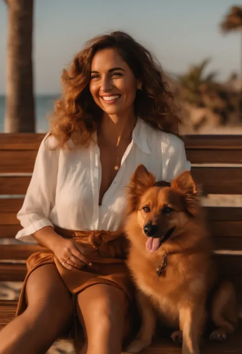 Uma mulher com cabelos ondulados na cor caramelo, with his German dog Spitz on his lap with bench and caramel colors, Theyre both smiling, iluminados pela luz do sol em um dia na praia