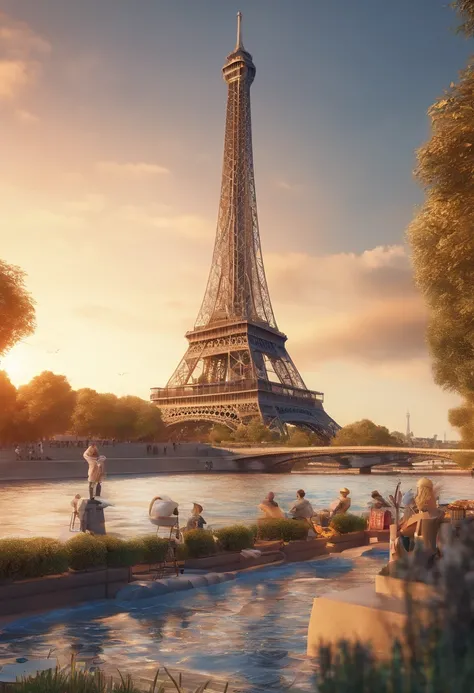 Homem pele clara, loiro cabelos baixo, na frente da torre eiffel e rio sena