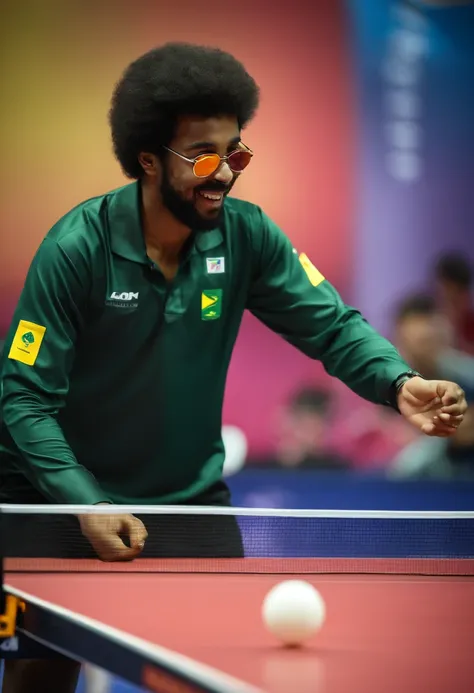 jovem de 20 anos, pele morena, Cabelo e barba escuros, with round black glasses, Happy and playing table tennis at the world championship of Ping pong, representing the Brazilian national team