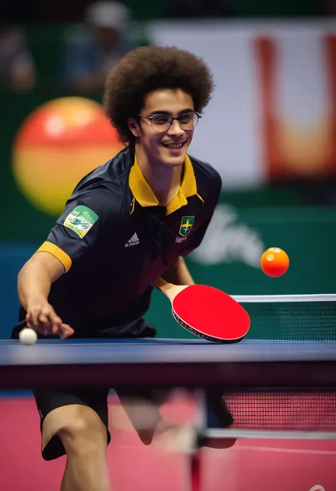 jovem de 20 anos, Cabelo e barba escuros, with round black glasses, Happy and playing table tennis at the world championship of Ping pong, representing the Brazilian national team