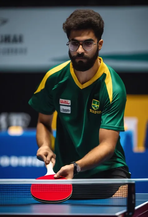 jovem de 20 anos, Cabelo e barba escuros, with round black glasses, Happy and playing table tennis at the world championship of Ping pong, representing the Brazilian national team