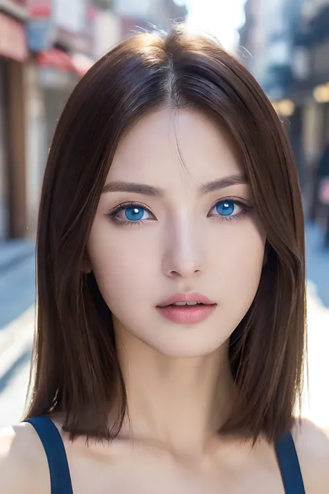 (Italian woman、Perfect Style Beauty:1.4、Slender abs:1.2、((Dark brown hair、Blue Eye、爆乳:1.2))、(Natural Soft Light、City Street:1.1)、Face and skin texture、Eye for detail、二重まぶた