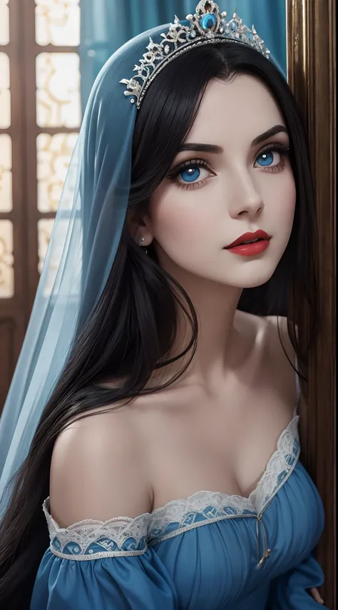 Sonia Anmar como a Personagem da Disney Branca de Neve, Vestido Colonial nas cores azul e vermelho, medieval palace, look-at-camera, facial expression of tenderness, Curvilinear athletic body, pale skin, neve, montanhas, cabelos negros, cabelos escuros, ca...